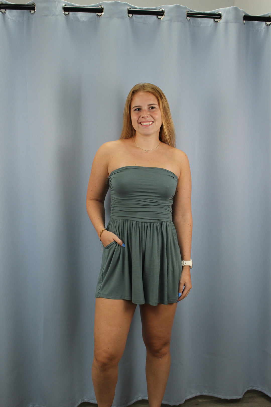 Double Layered Strapless Tube Top Romper-Ash Jade