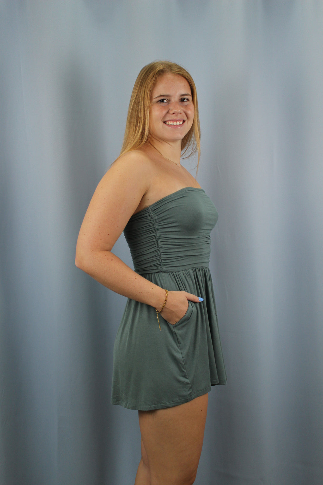 Double Layered Strapless Tube Top Romper-Ash Jade