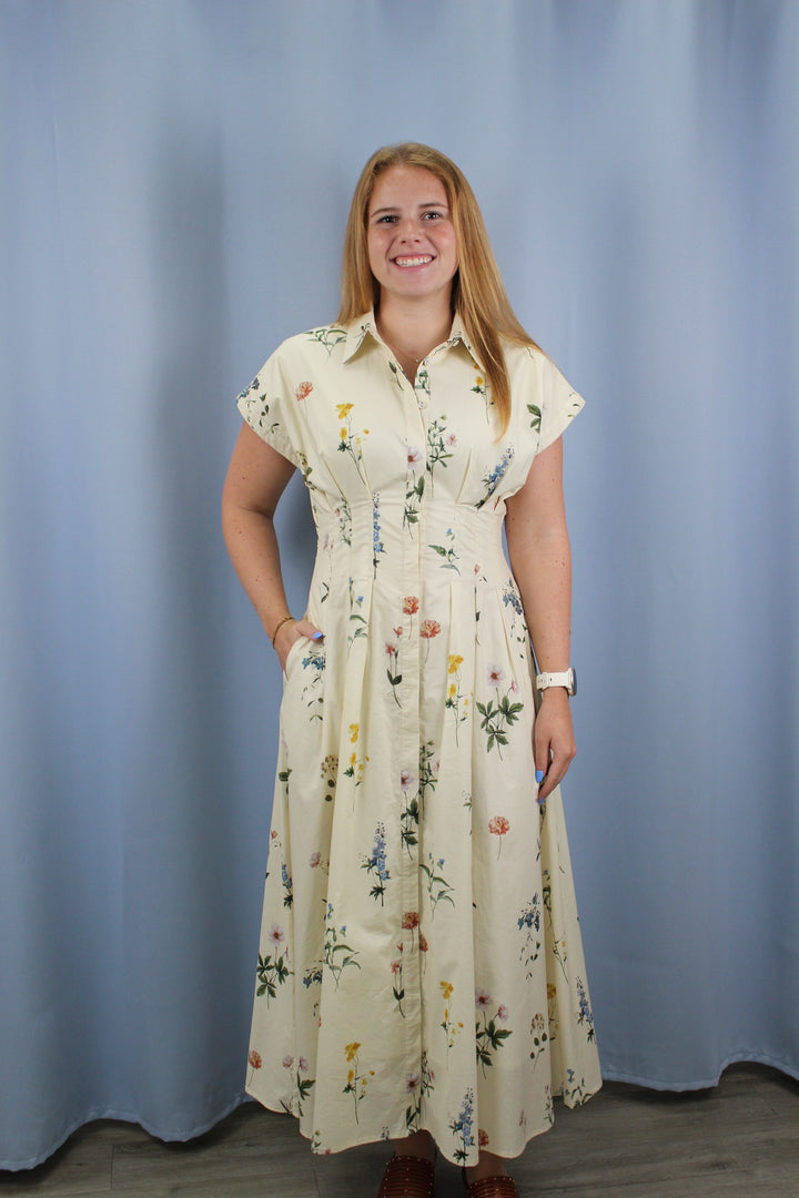 Floral Print Midi Shirt Dress with a Pleated Waist