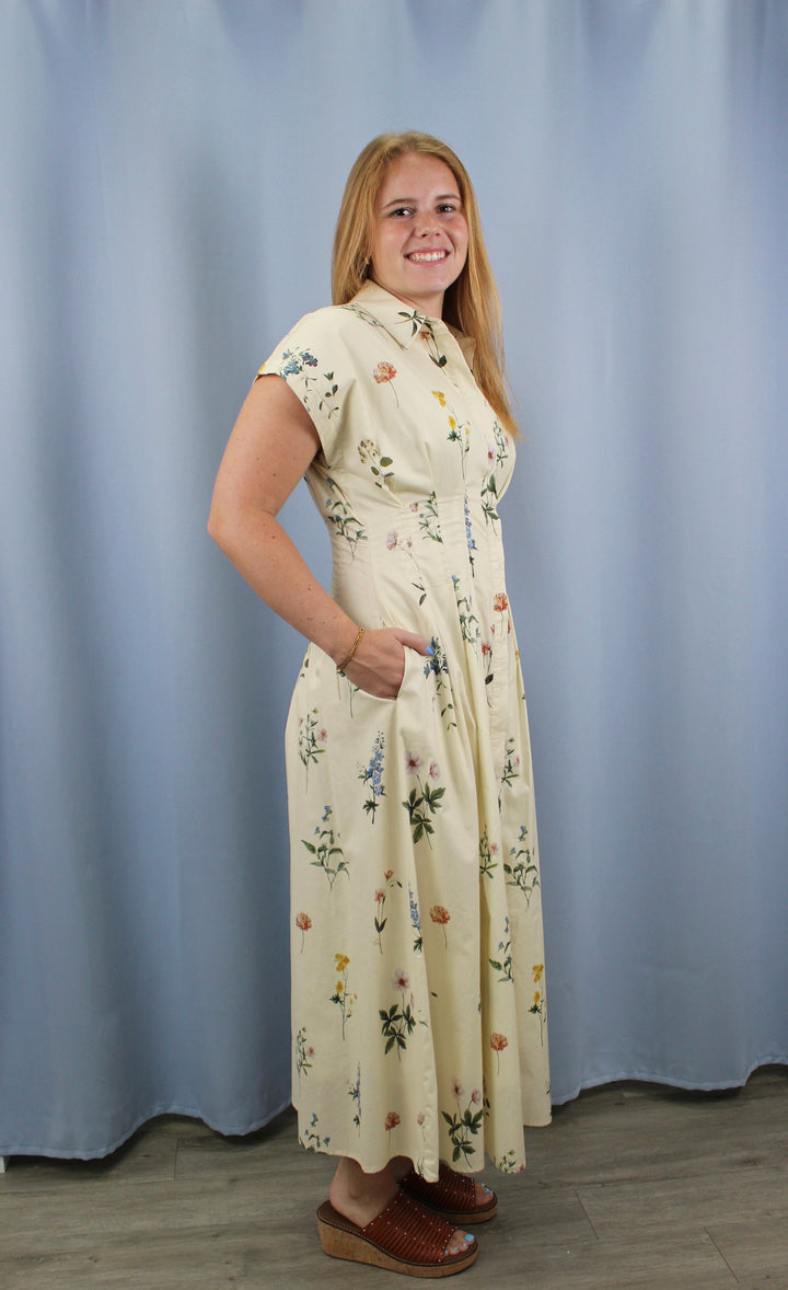Floral Print Midi Shirt Dress with a Pleated Waist