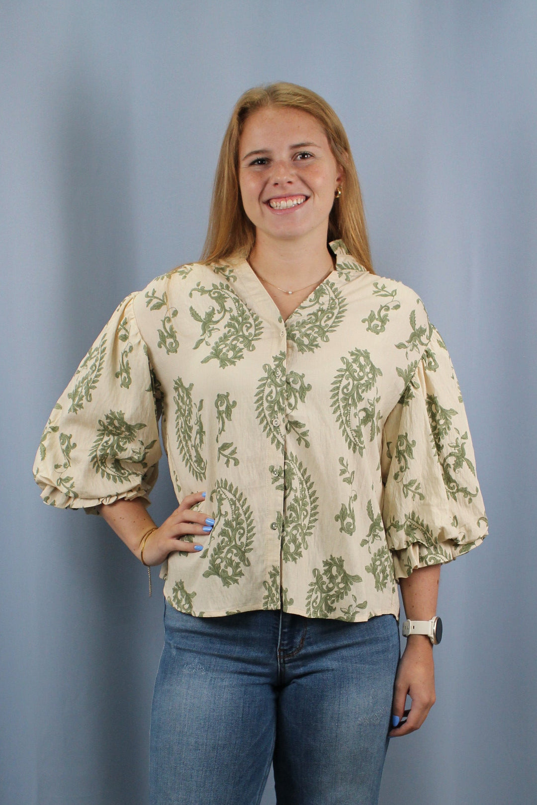 Button Down Blouse with 3/4 Length Balloon Sleeve