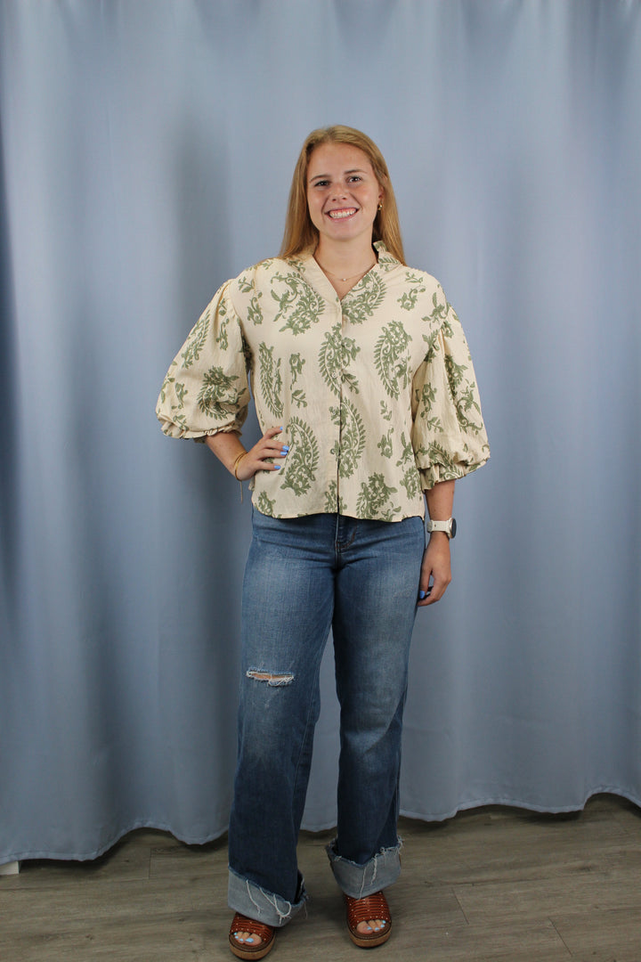 Button Down Blouse with 3/4 Length Balloon Sleeve