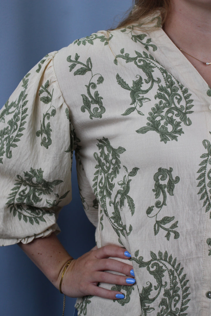 Button Down Blouse with 3/4 Length Balloon Sleeve