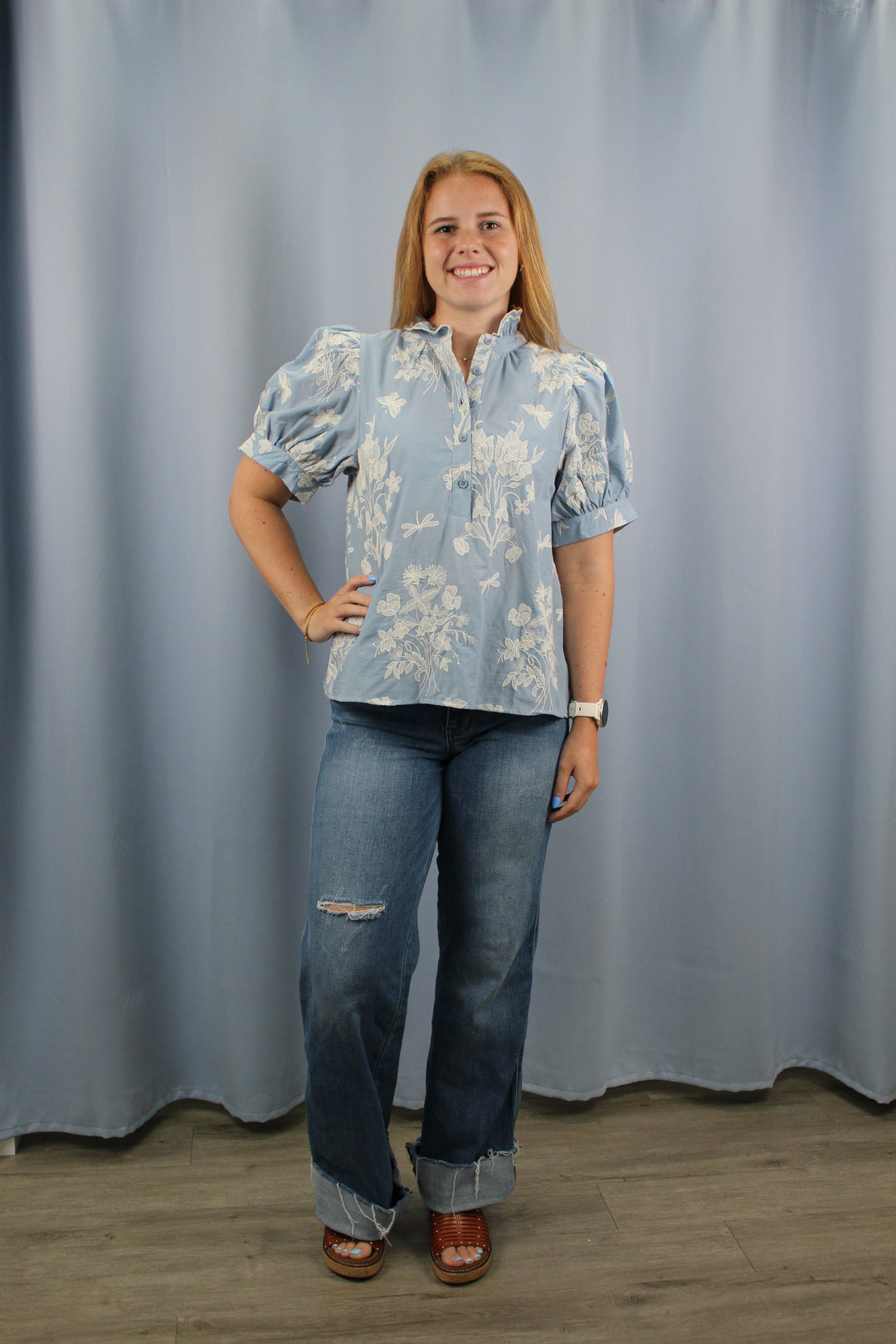 Chambray Embroidered Top