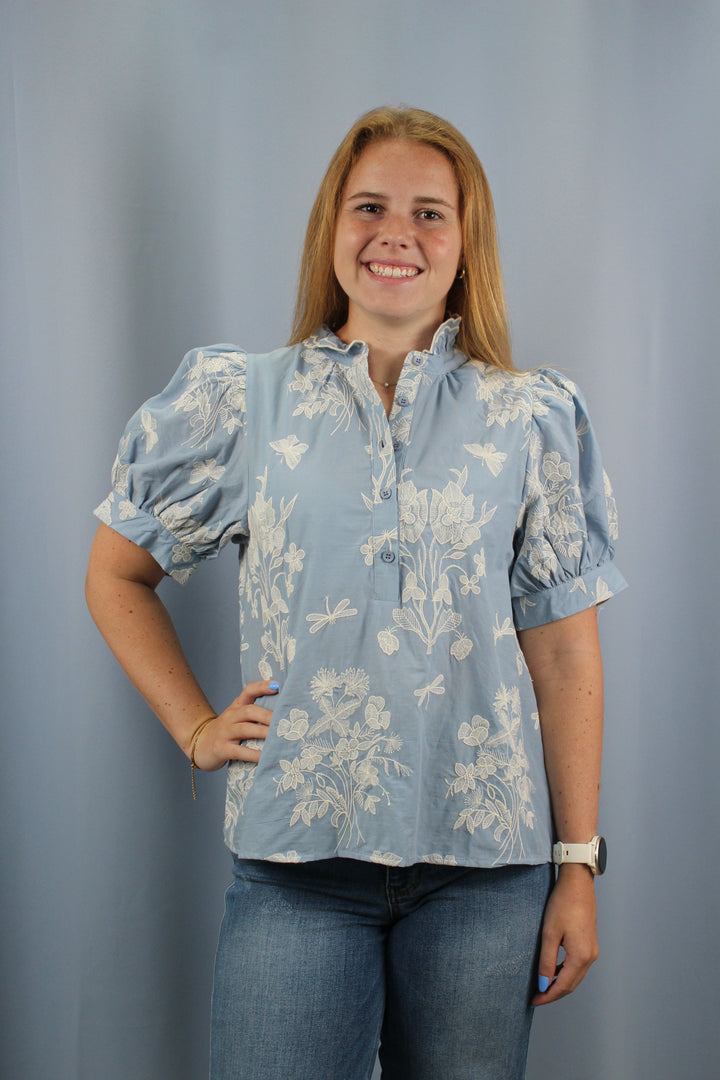 Chambray Embroidered Top
