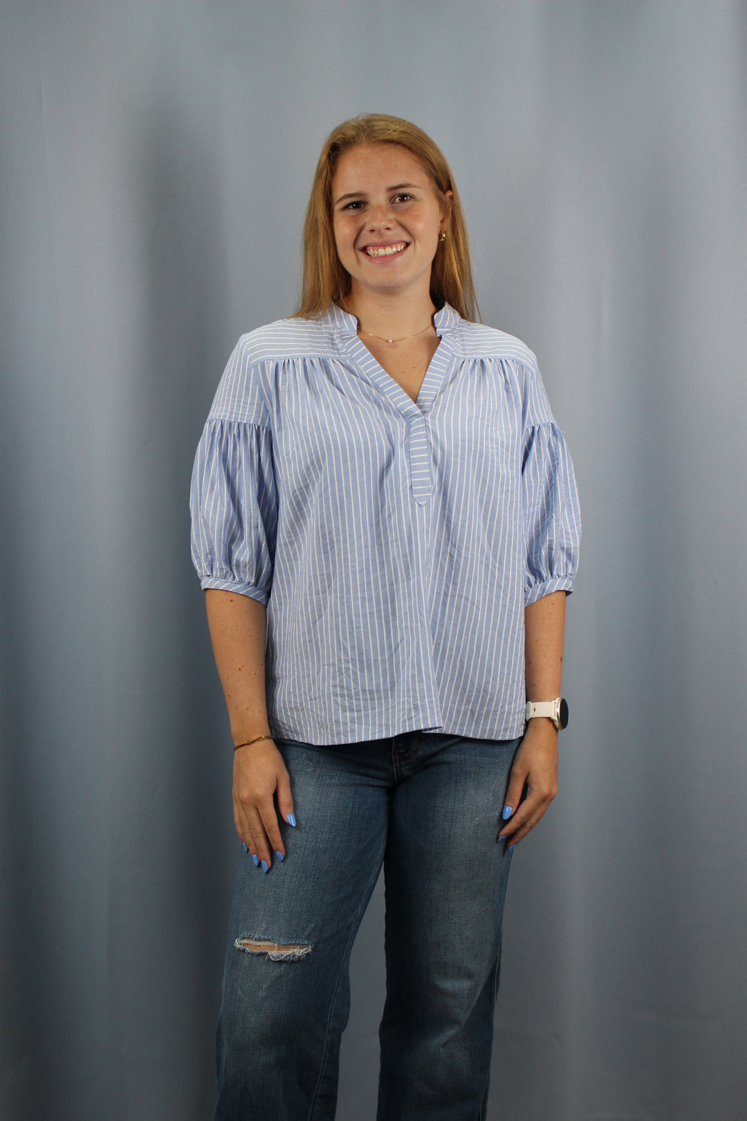Striped Blouse with Quarter Length Bubble Sleeves Blue