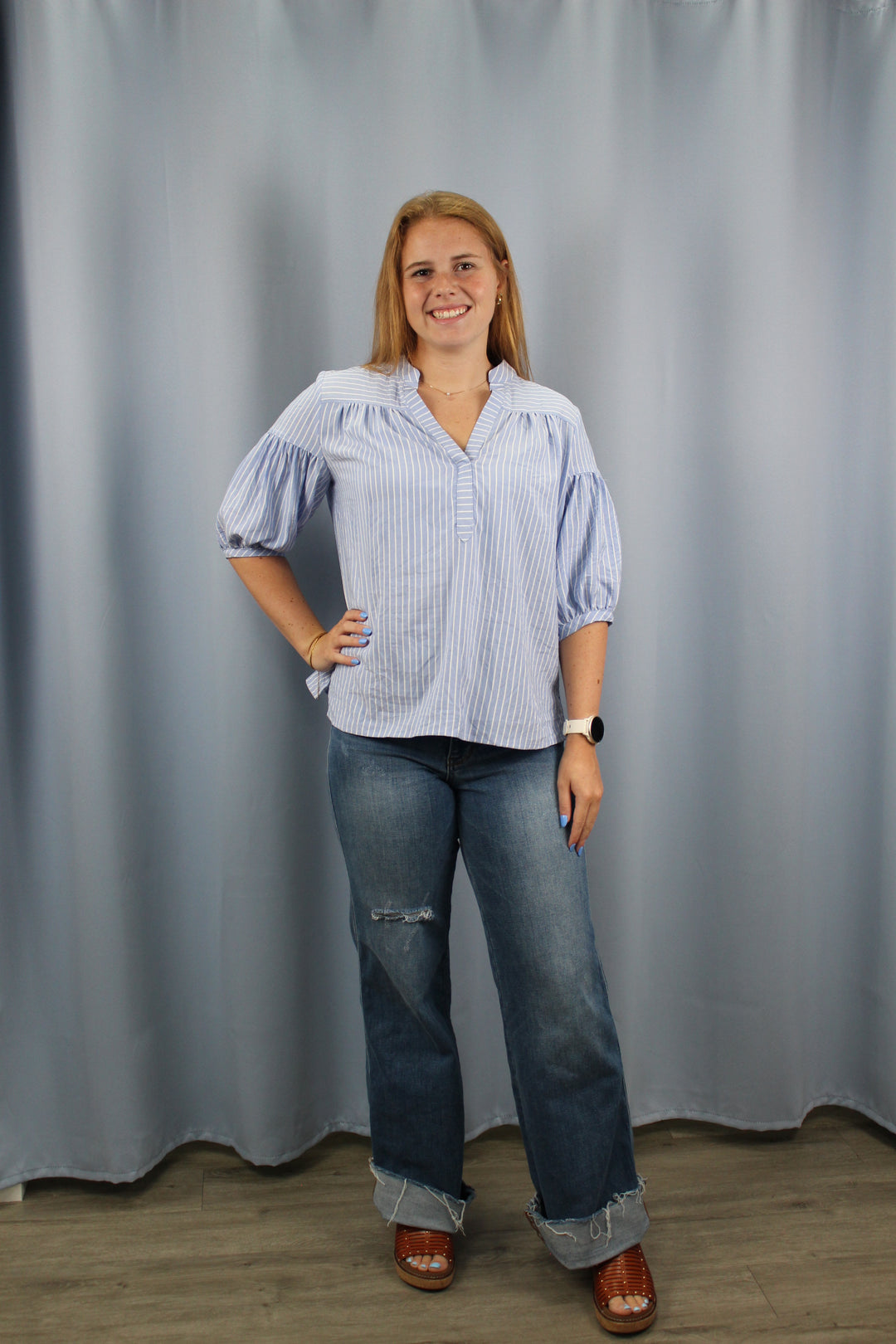 Striped Blouse with Quarter Length Bubble Sleeves Blue