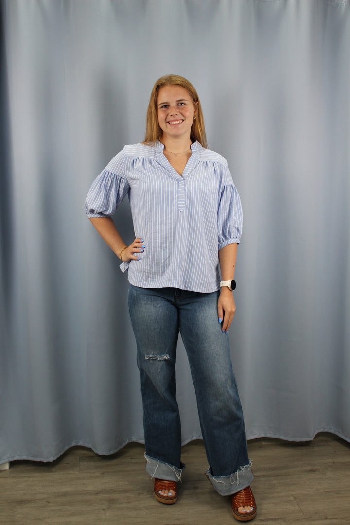 Striped Blouse with Quarter Length Bubble Sleeves Blue