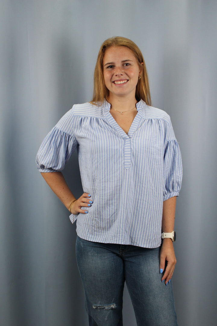 Striped Blouse with Quarter Length Bubble Sleeves Blue