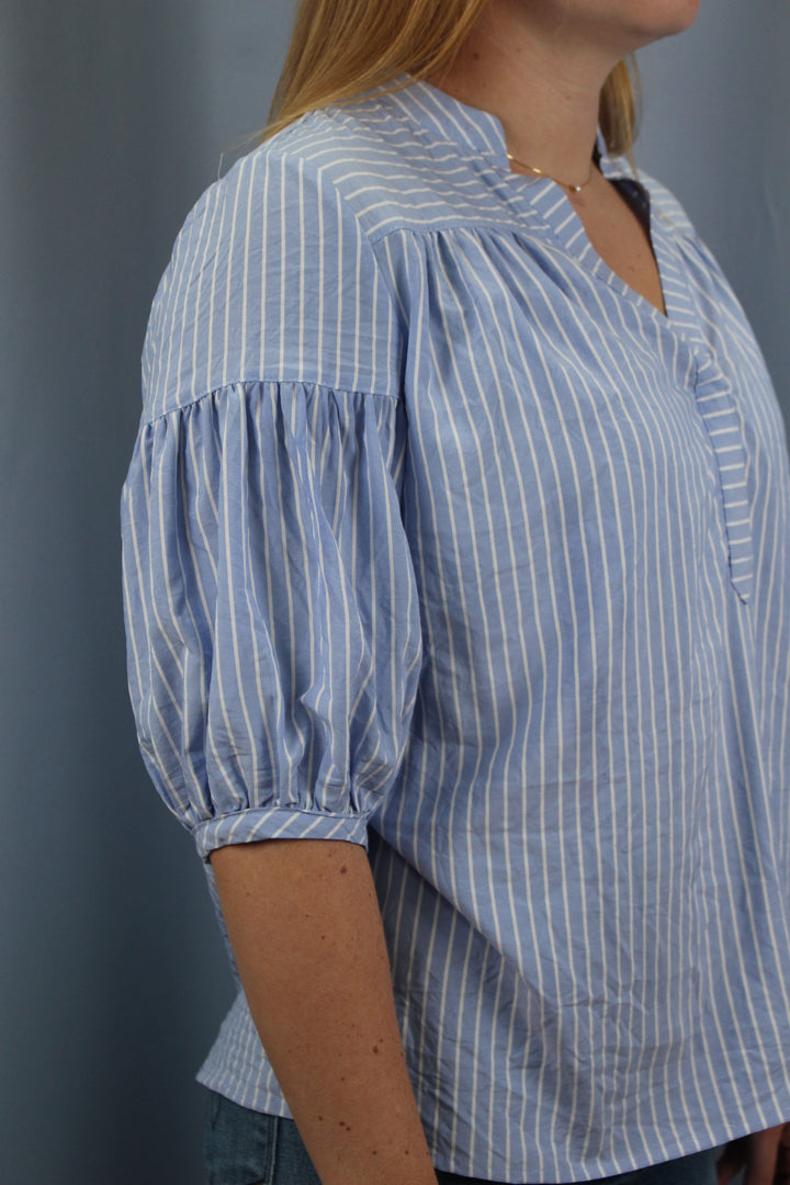 Striped Blouse with Quarter Length Bubble Sleeves Blue