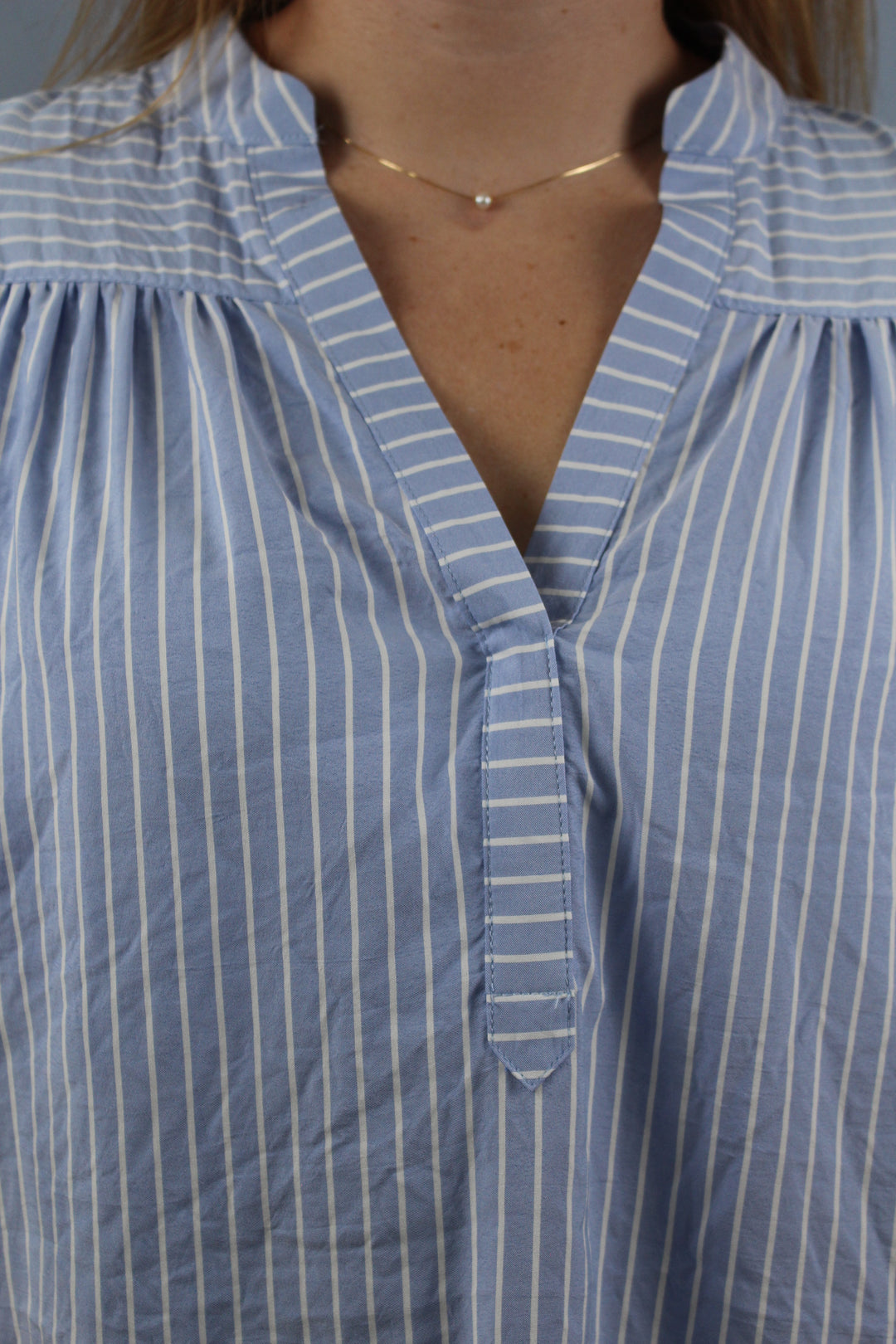 Striped Blouse with Quarter Length Bubble Sleeves Blue