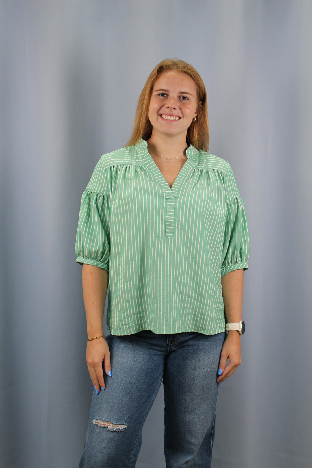 Striped Blouse with Quarter Length Bubble Sleeves Green