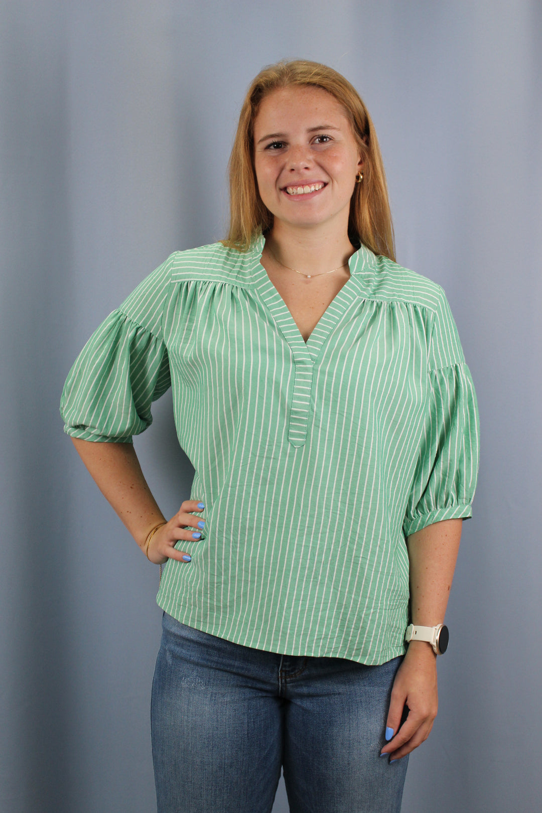 Striped Blouse with Quarter Length Bubble Sleeves Green