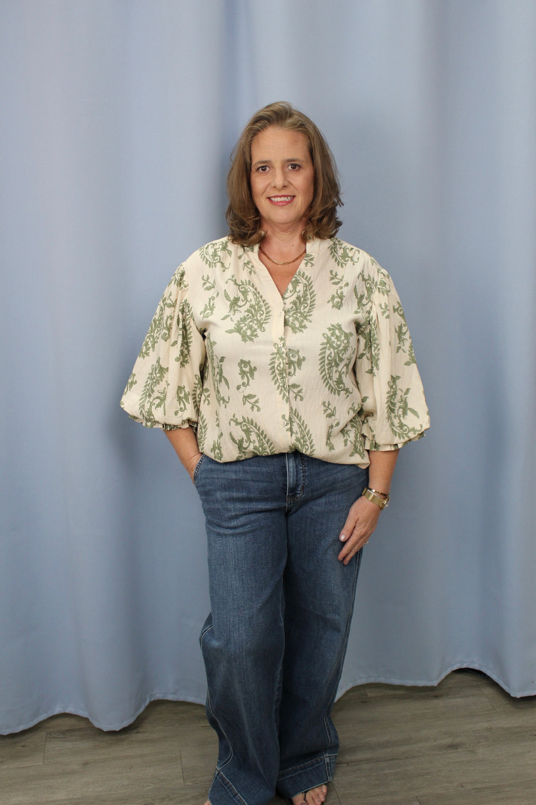 Button Down Blouse with 3/4 Length Balloon Sleeve
