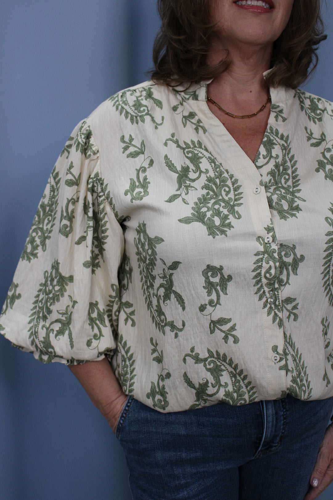 Button Down Blouse with 3/4 Length Balloon Sleeve