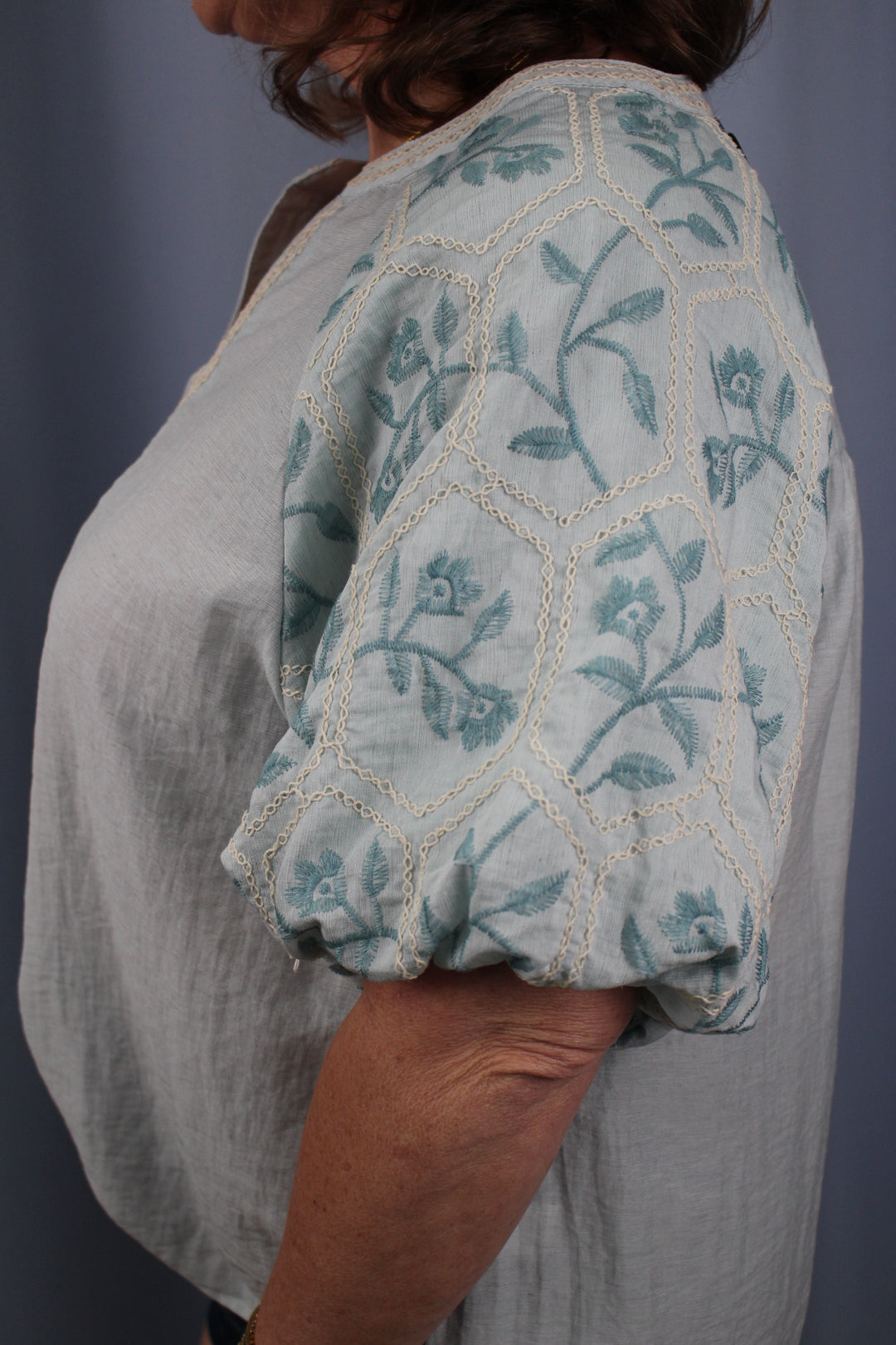 Lightweight Blouse with Embroidered Short Puff Sleeves