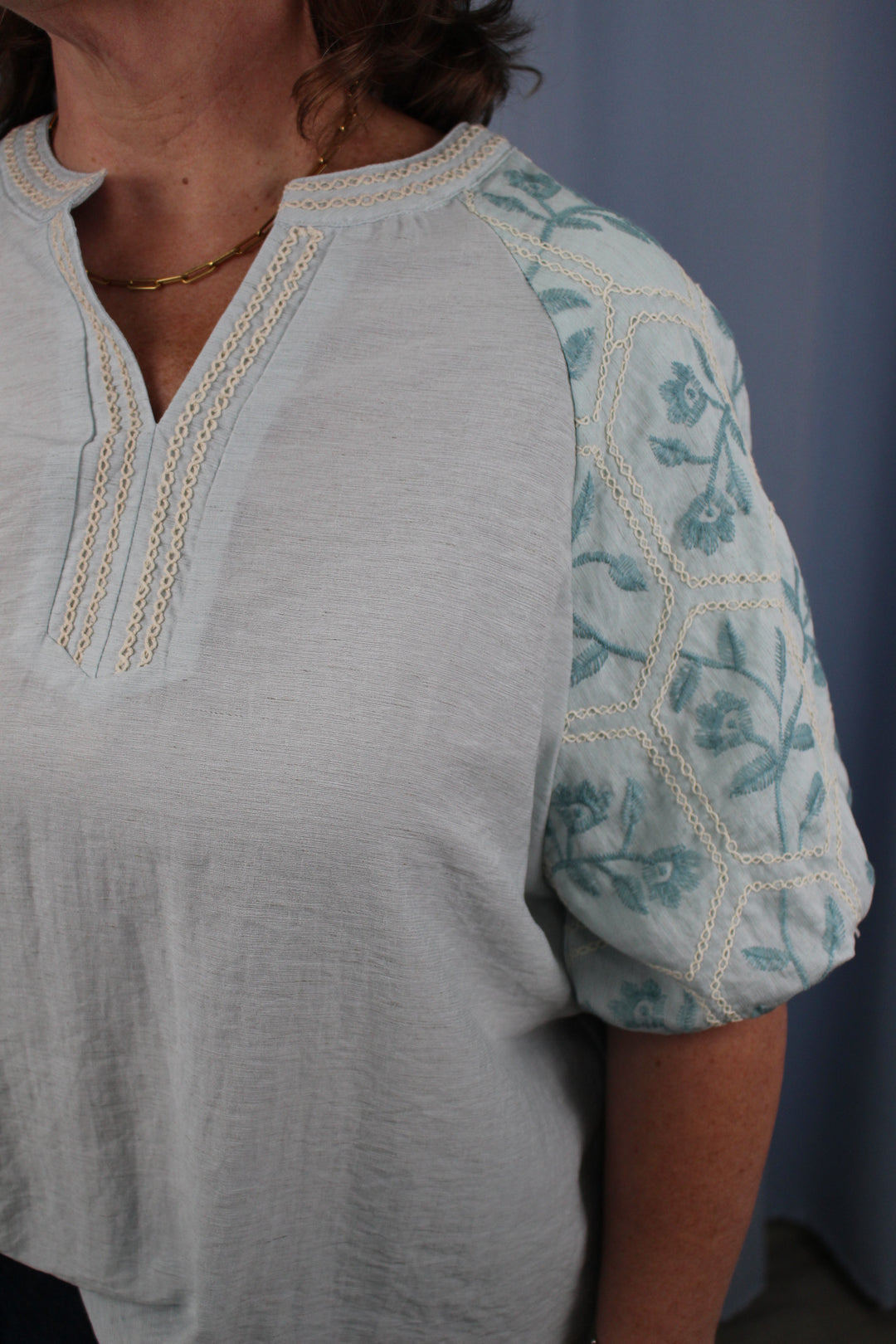 Lightweight Blouse with Embroidered Short Puff Sleeves