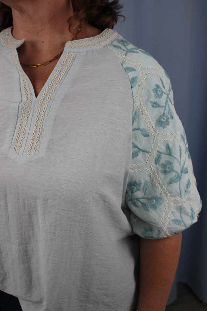 Lightweight Blouse with Embroidered Short Puff Sleeves