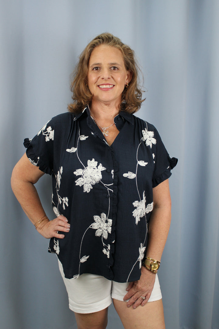 Floral Embroidered Button Down Blouse