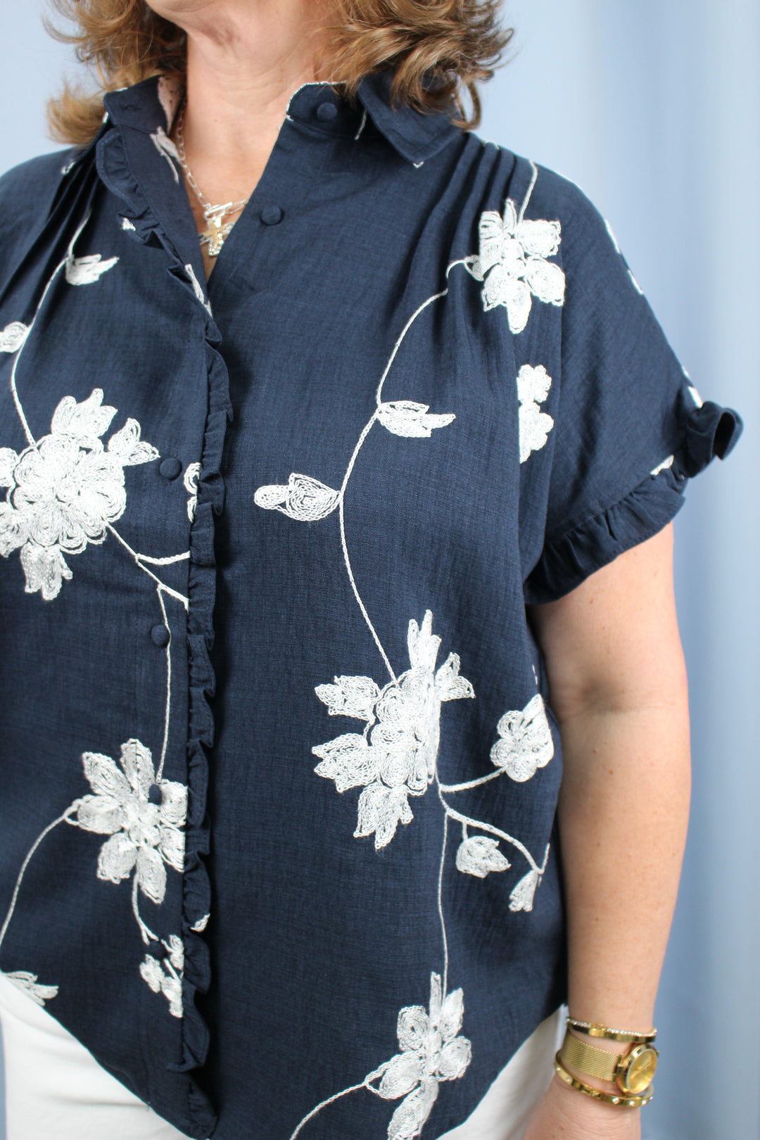 Floral Embroidered Button Down Blouse