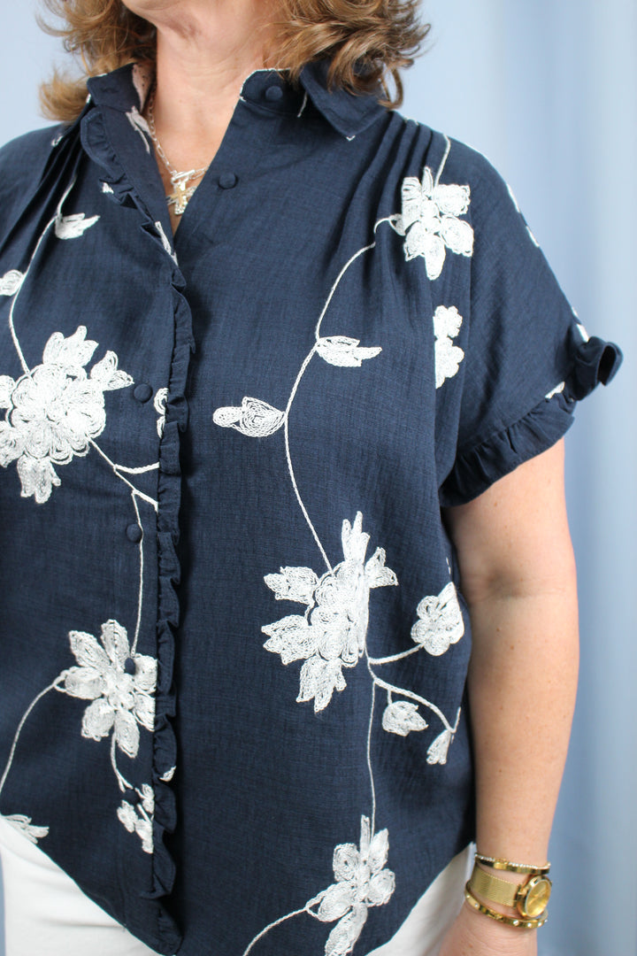 Floral Embroidered Button Down Blouse