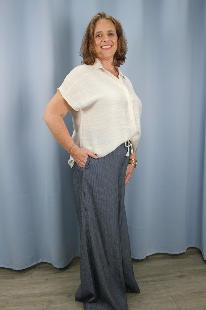 Washed Pinstriped Tie Waist Wide Leg Pants