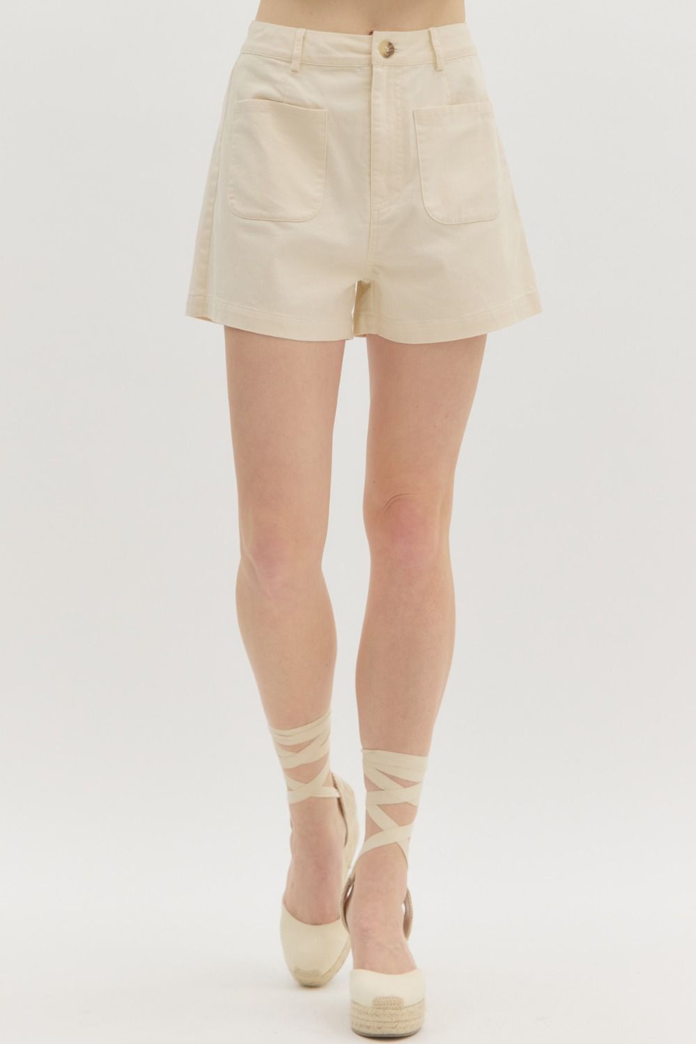 Cream High Waist Shorts with Front Pockets 