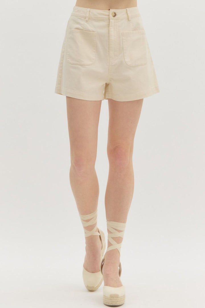 Cream High Waist Shorts with Front Pockets 