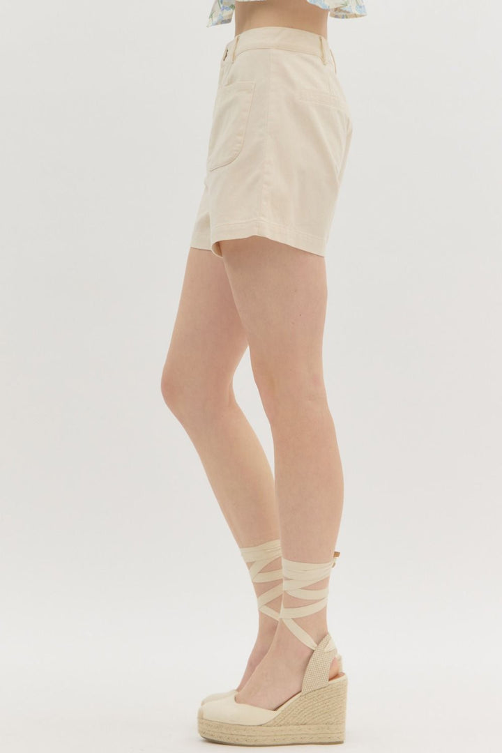 Cream High Waist Shorts with Front Pockets 