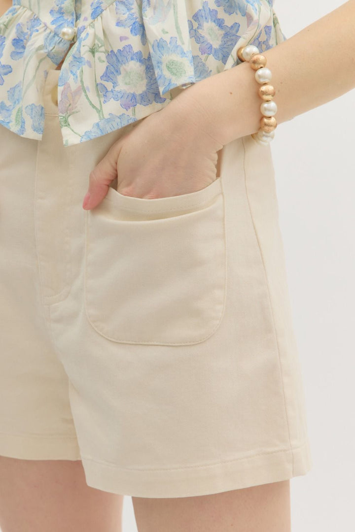 Cream High Waist Shorts with Front Pockets 