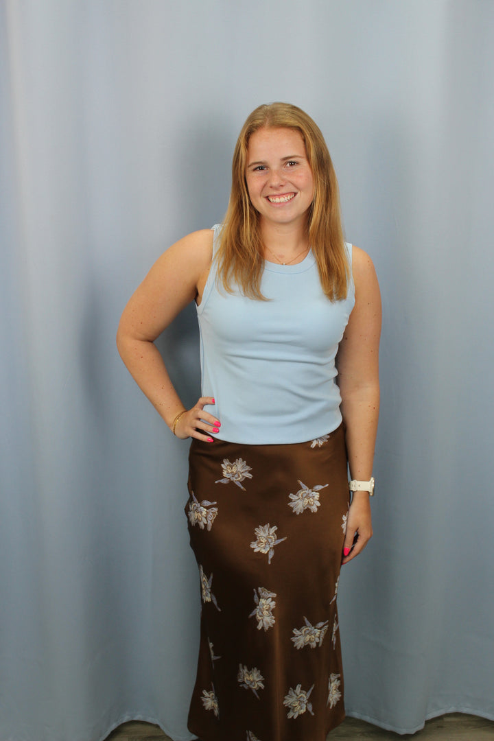 Fall Satin Floral Midi Skirt