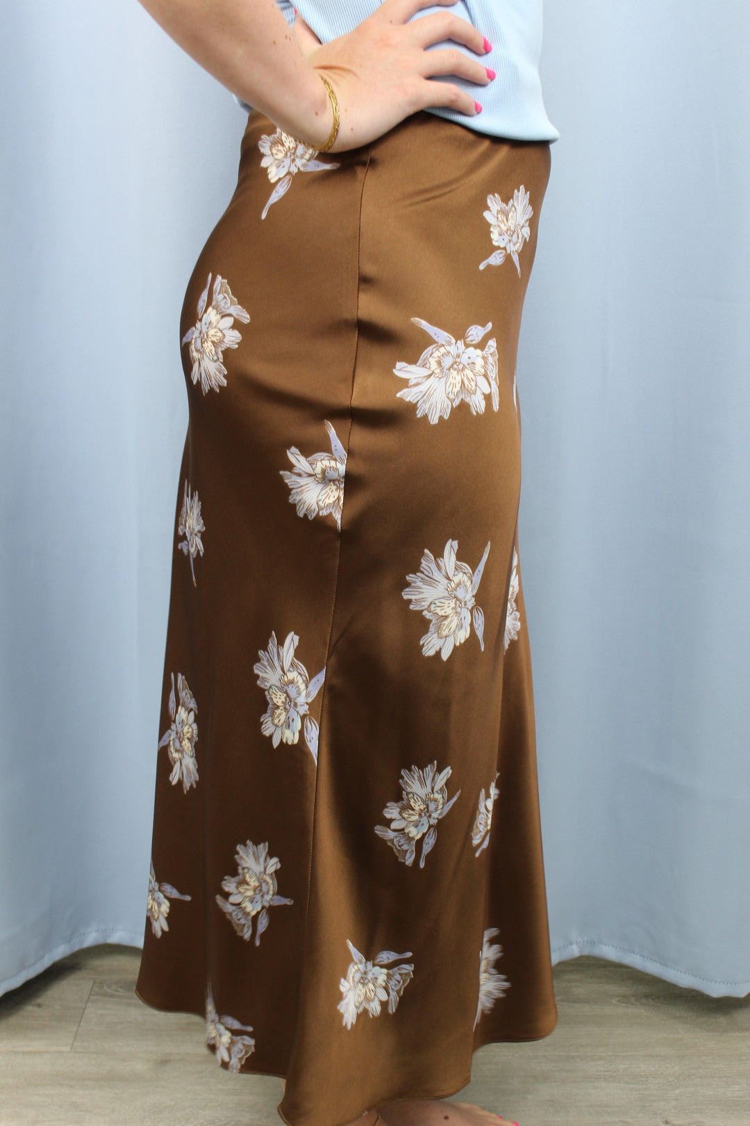 Fall Satin Floral Midi Skirt