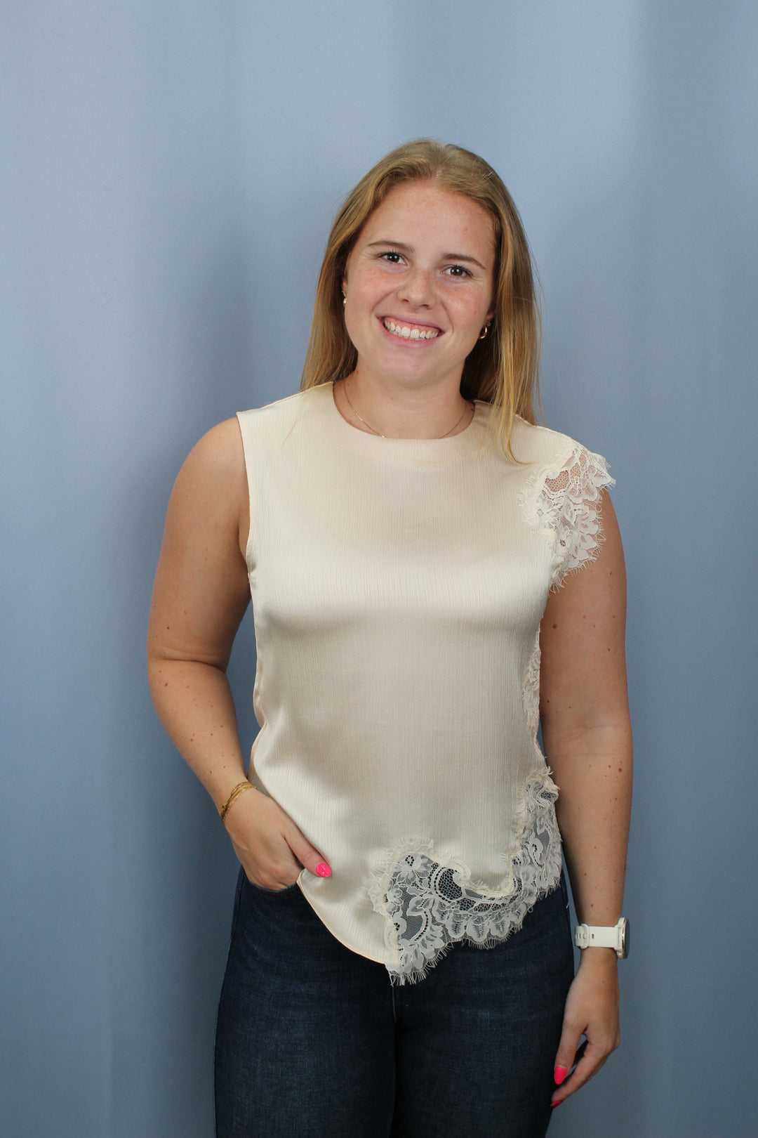 Sleeveless Lace Asymmetrical Top- Ivory