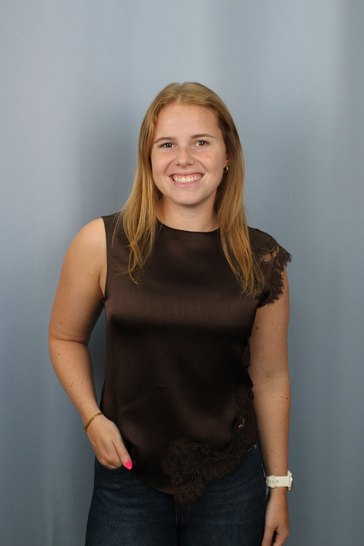 Sleeveless Lace Asymmetrical Top- Brown