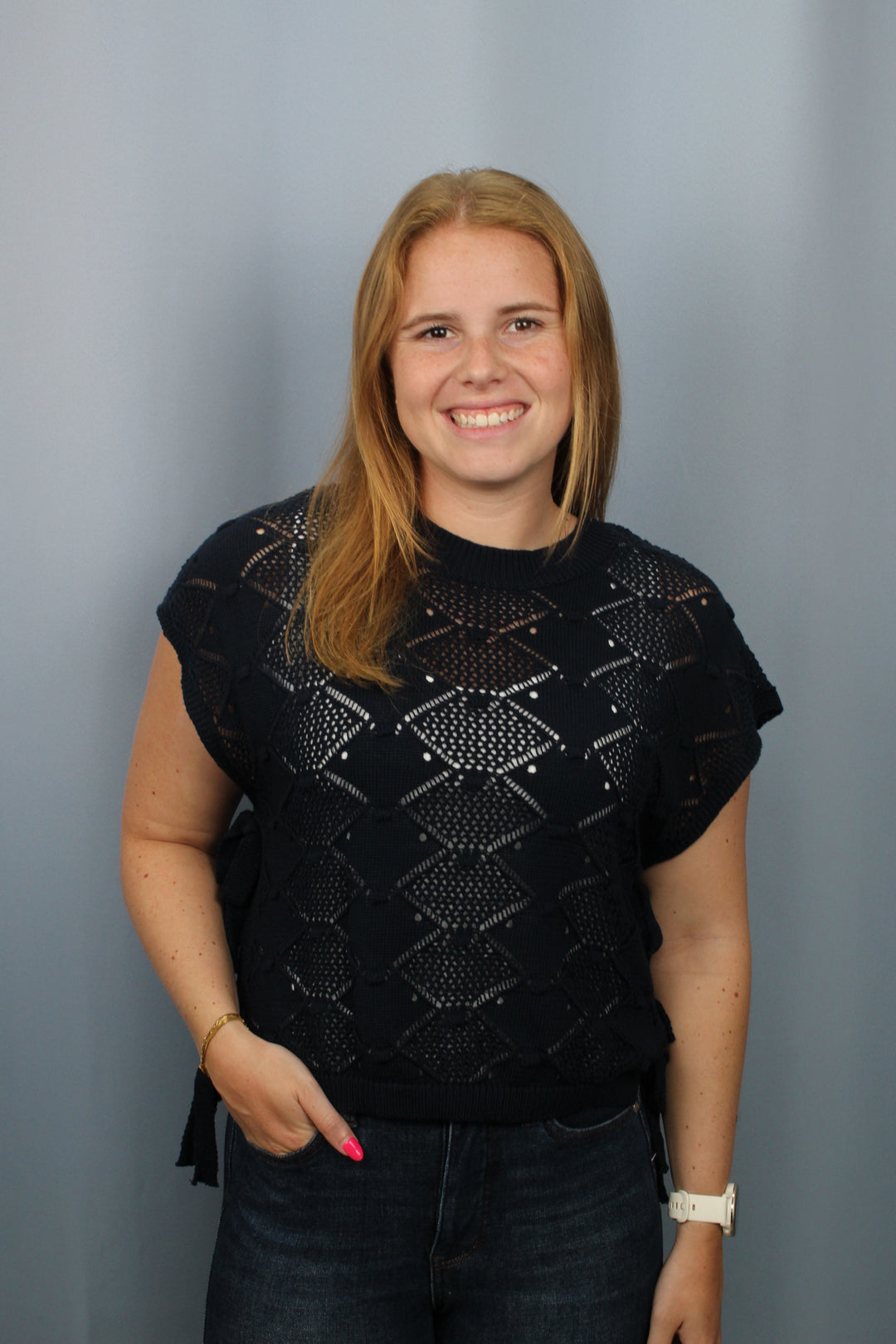CLIP DOT SHORT SLEEVE SIDE TIE CROCHET SWEATER