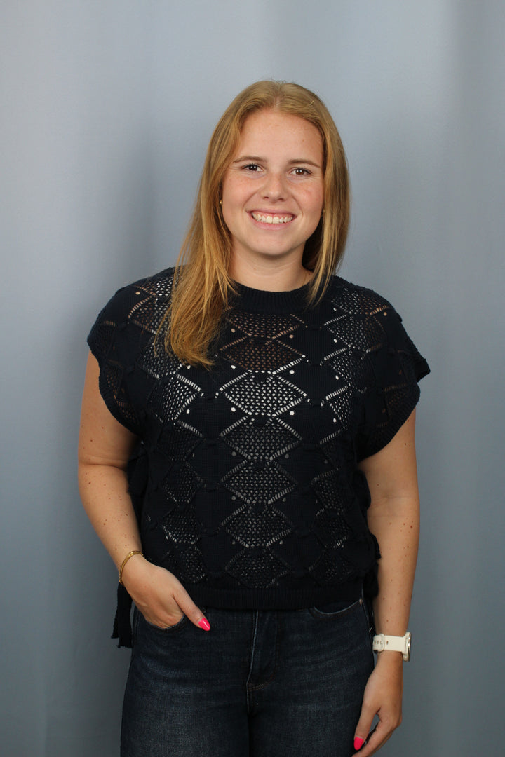 CLIP DOT SHORT SLEEVE SIDE TIE CROCHET SWEATER