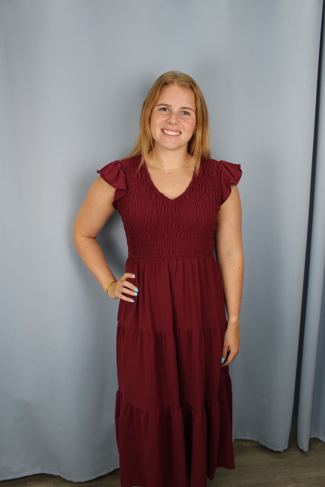 Burgundy Flutter Sleeve Smocked Midi Dress