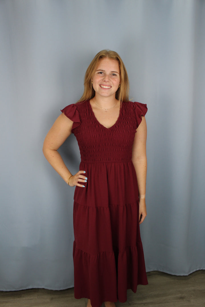 Burgundy Flutter Sleeve Smocked Midi Dress