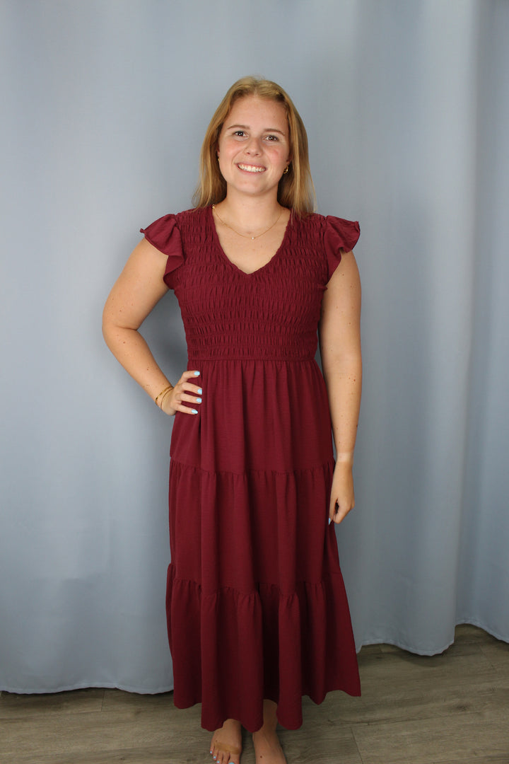 Burgundy Flutter Sleeve Smocked Midi Dress