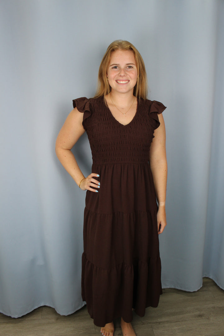 Chocolate Brown Flutter Sleeve Smocked Midi Dress