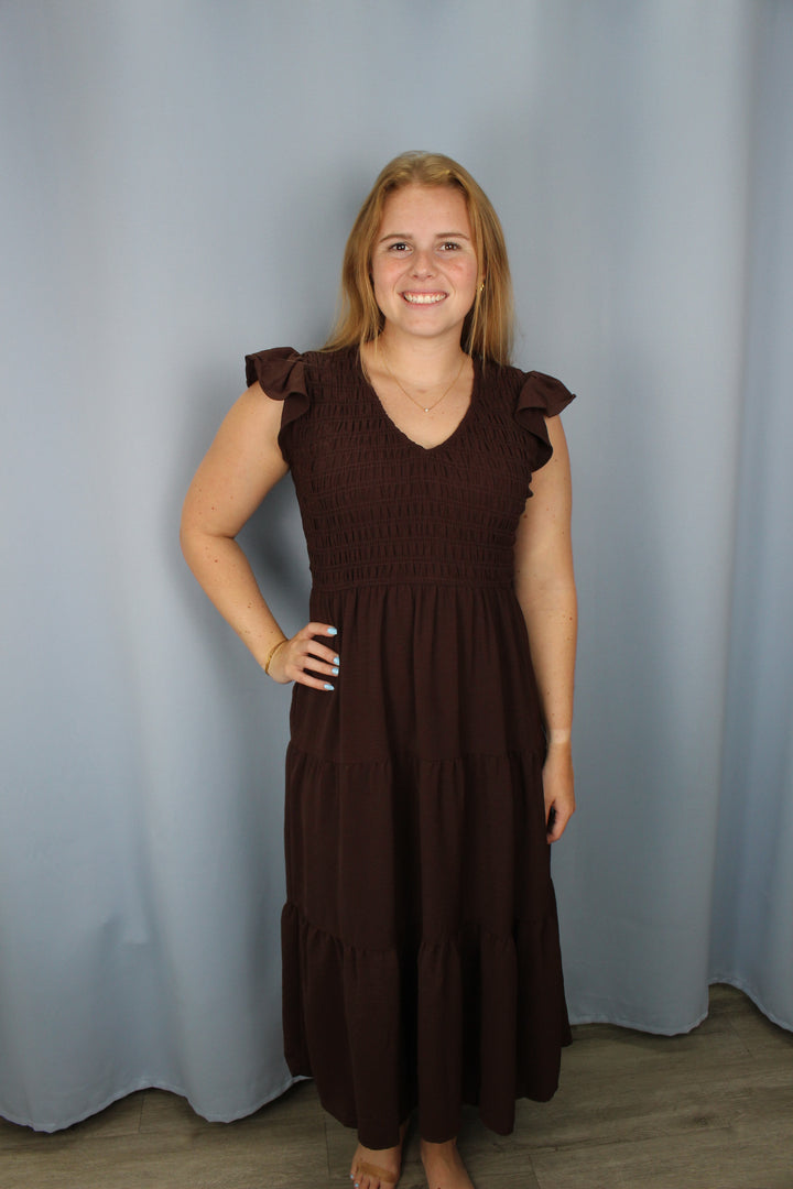 Chocolate Brown Flutter Sleeve Smocked Midi Dress