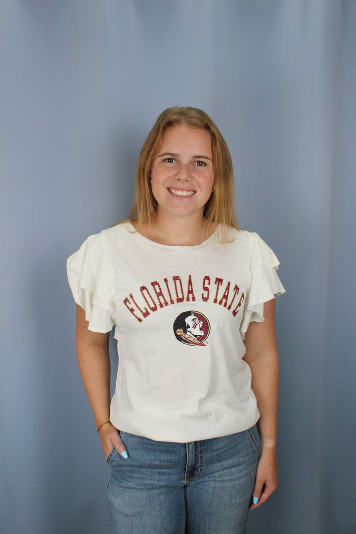FLORIDA STATE SEMINOLES All In To Win Flutter Crewneck Top