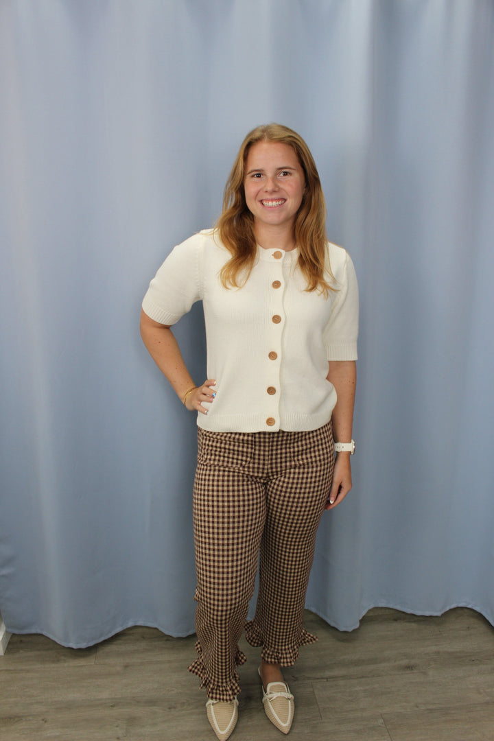 Gingham Ruffled Hem Pants- Brownie