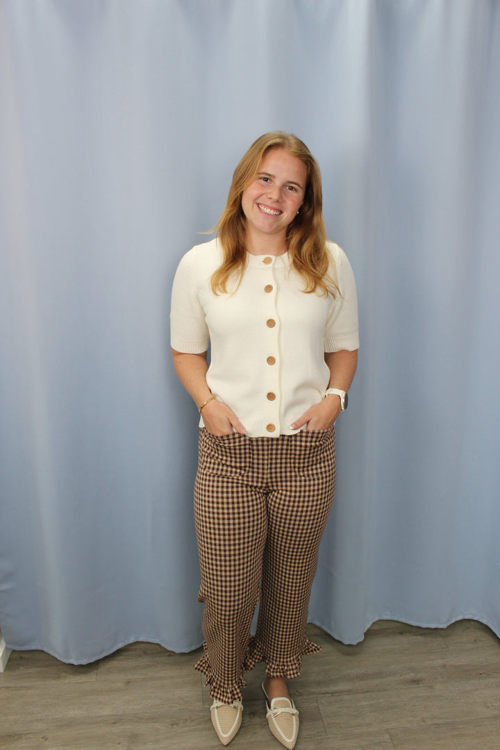 Gingham Ruffled Hem Pants- Brownie
