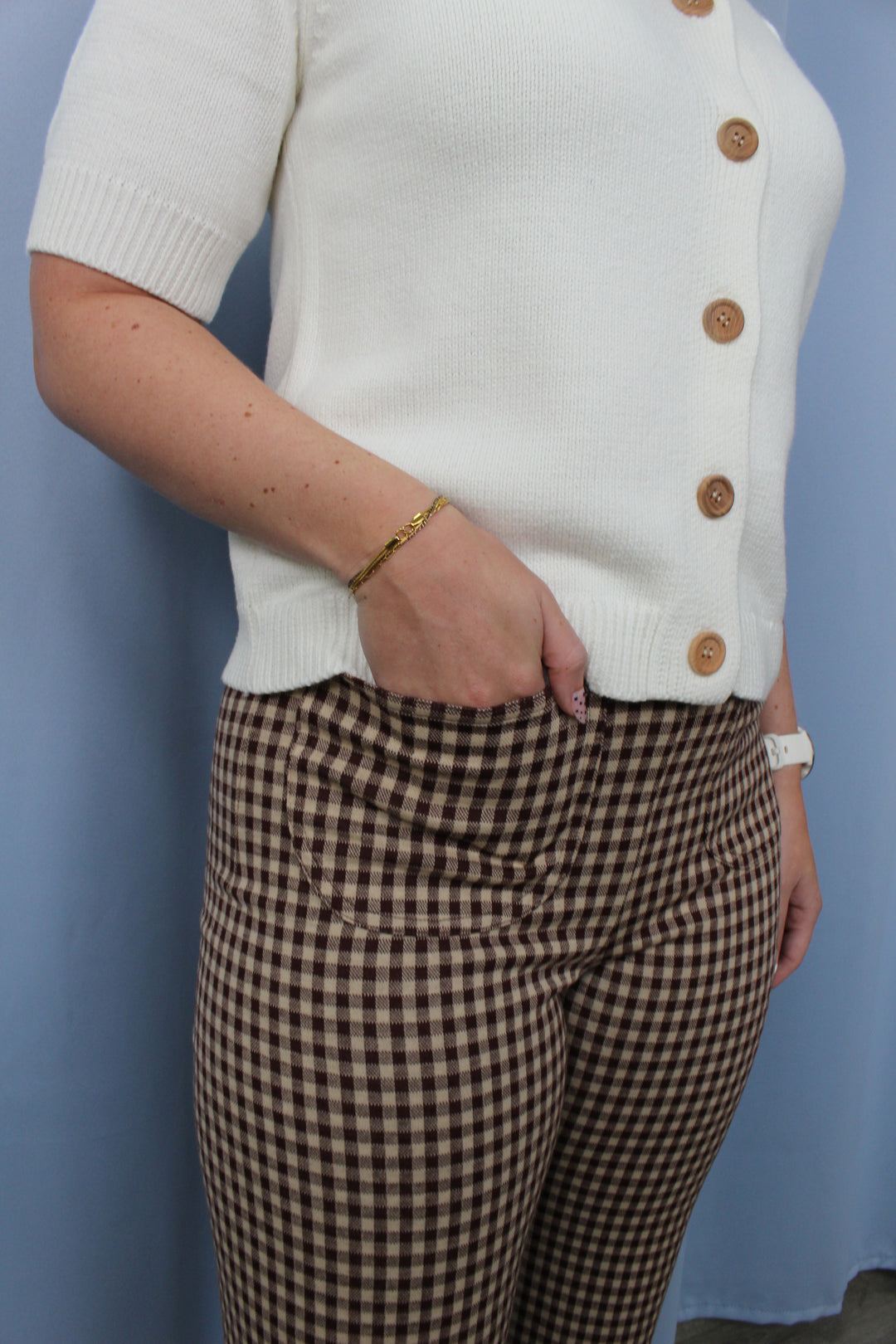 Gingham Ruffled Hem Pants- Brownie