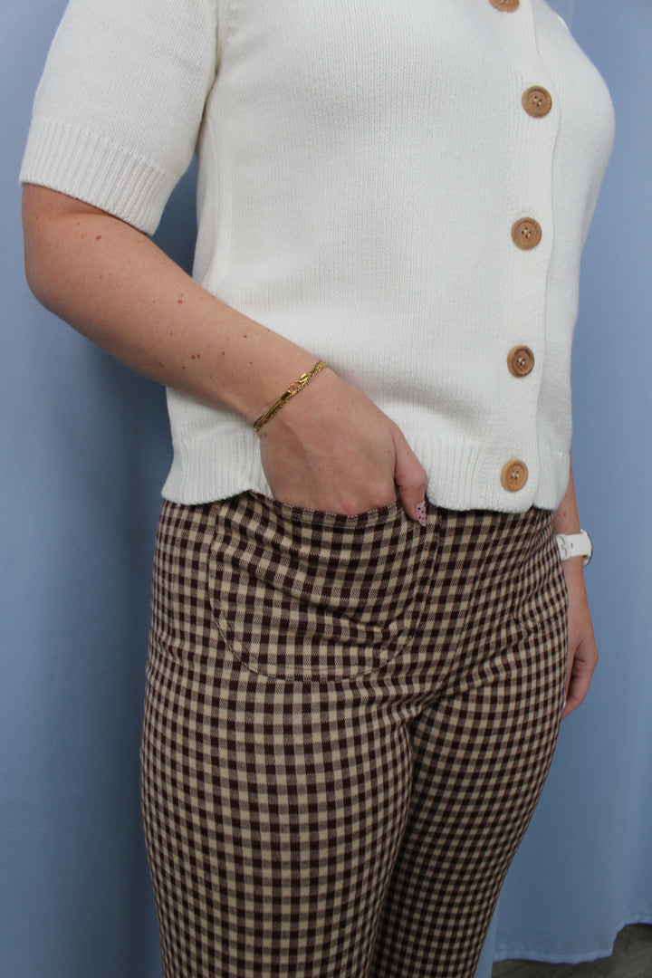 Gingham Ruffled Hem Pants- Brownie