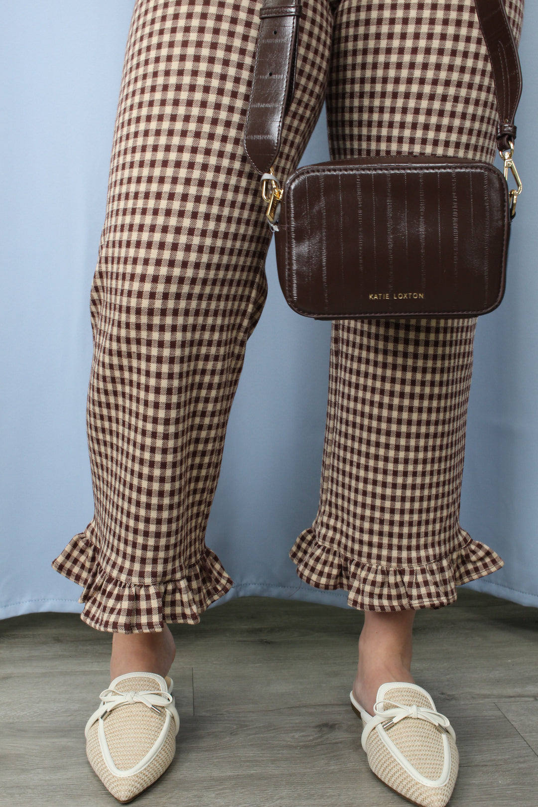 Gingham Ruffled Hem Pants- Brownie