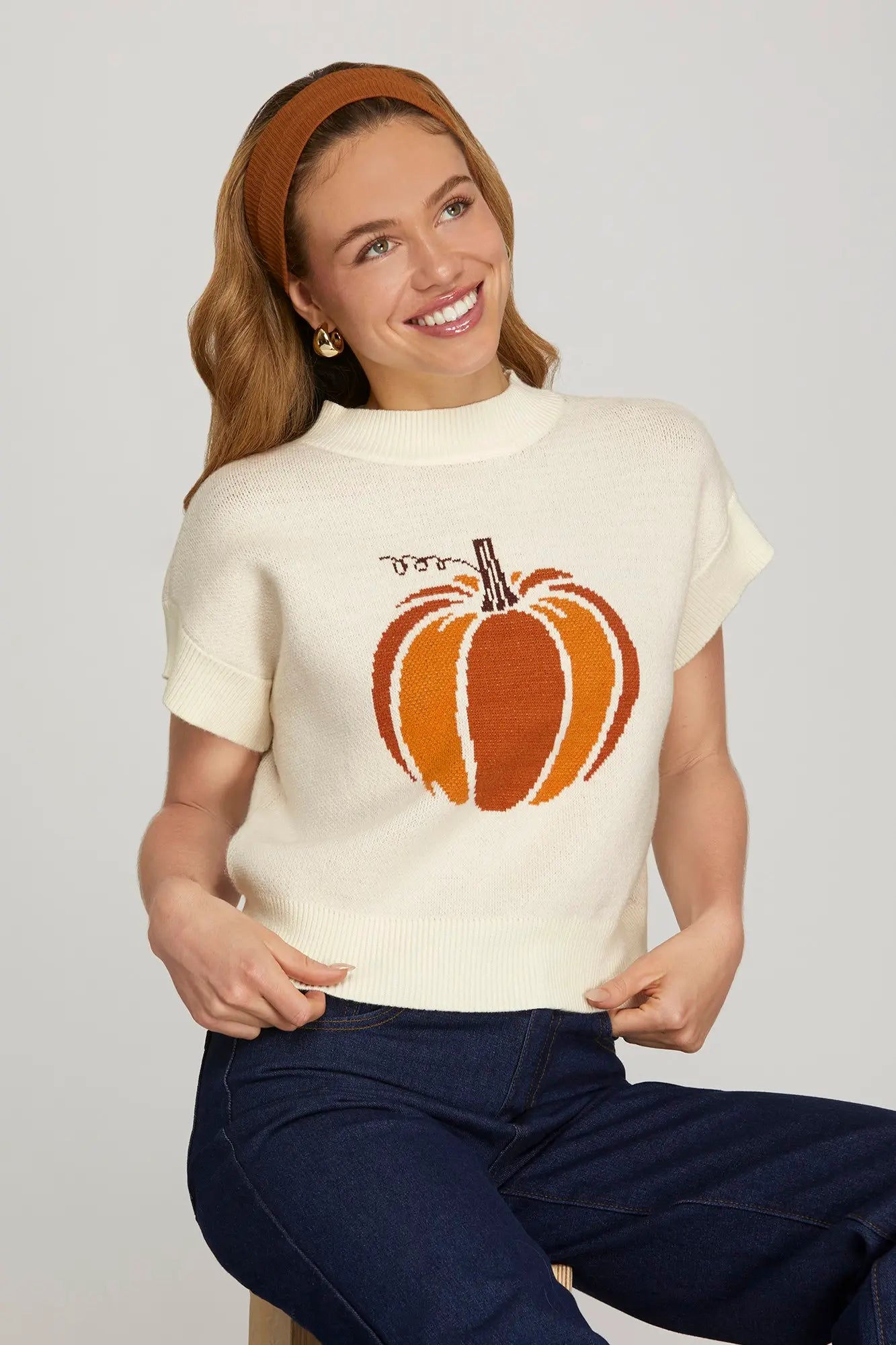 DROP SHORT SLEEVE ROUND NECK HALLOWEEN PUMPKIN PATTERN SWEATER TOP