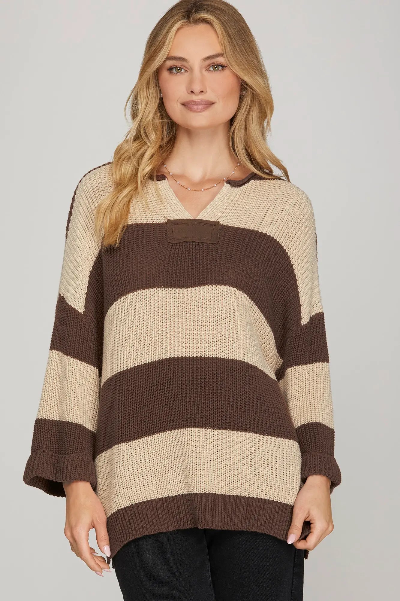 3/4 Sleeve Striped Sweater brown