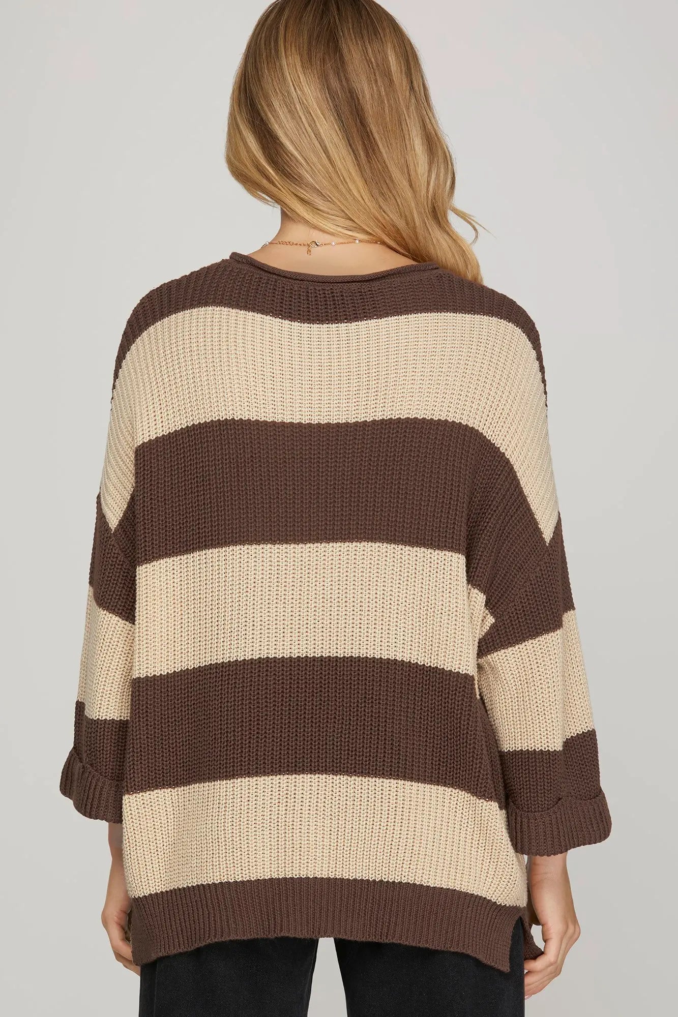 3/4 Sleeve Striped Sweater brown